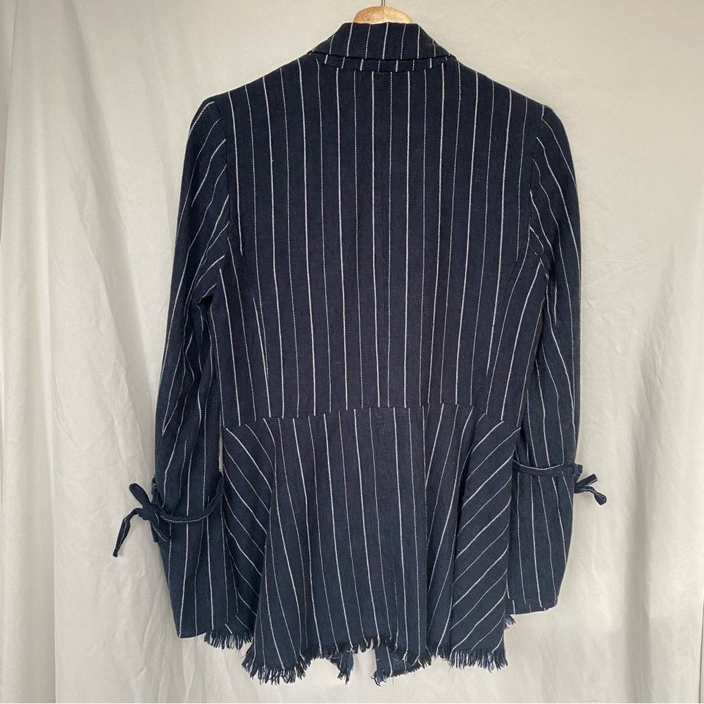 FREE PEOPLE Stella Striped Frayed Hem Blue Blazer Size XS Linen Coastal Office - Picture 4 of 11